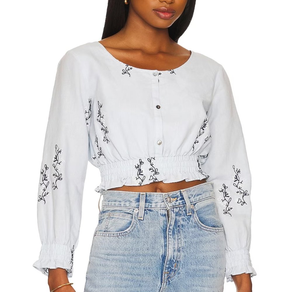 Something Navy Cropped Embroidered Long Sleeve Top in Blue Combo Size M *NWT*